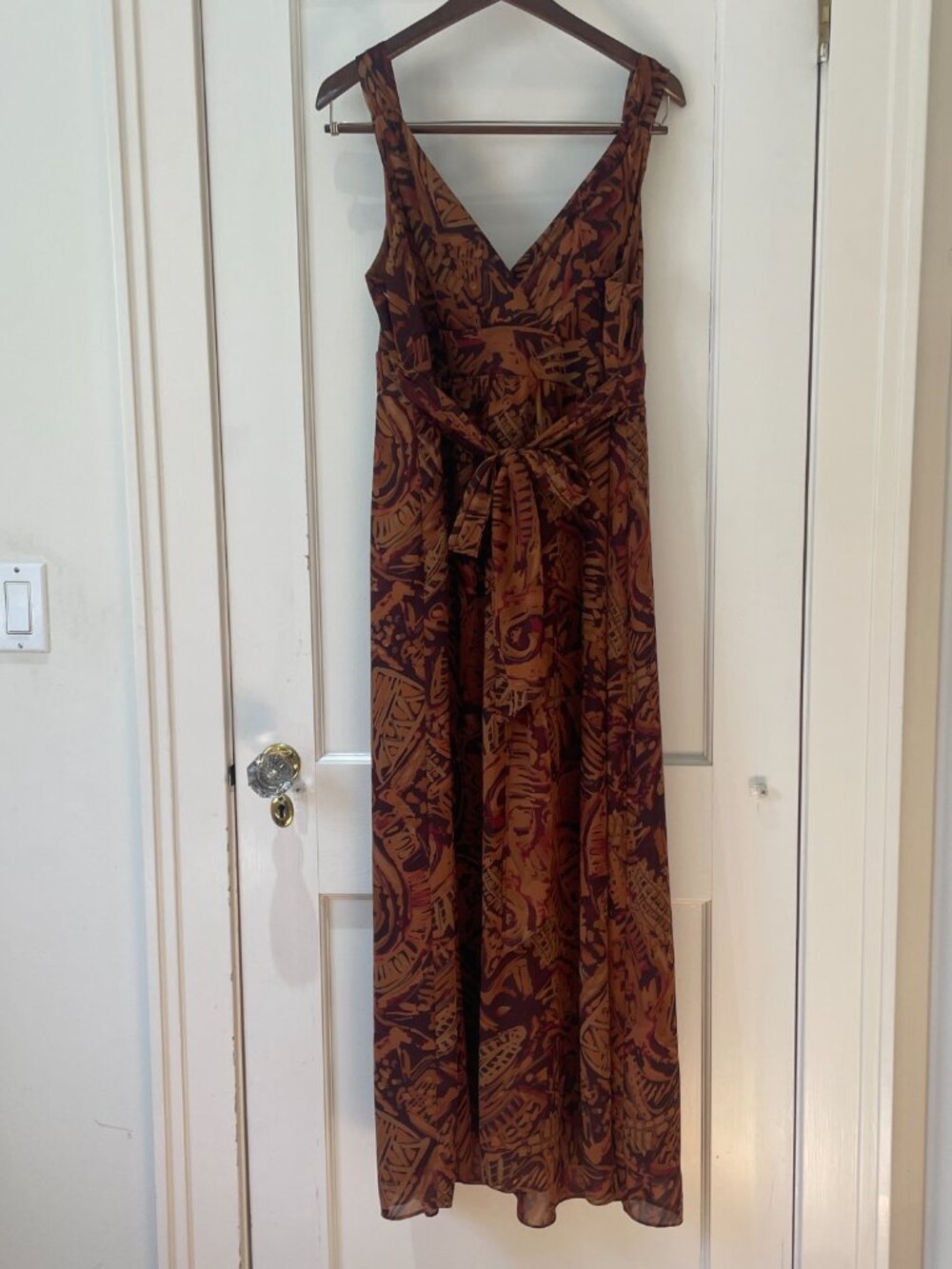 Robbie Bee Maxi Dress Size 16 Brown Print V-Neck Belted Sleeveless Lined - Picture 6 of 6